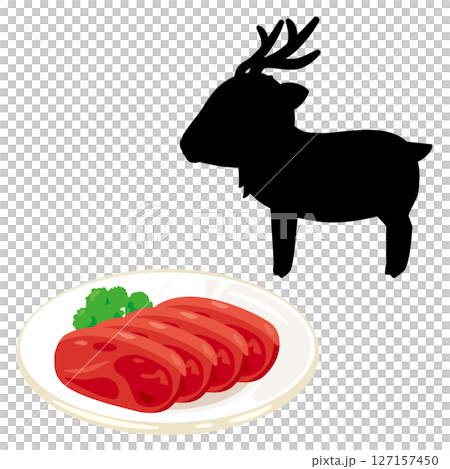 皿に盛られた鹿肉とシカのシルエットイラスト 127157450