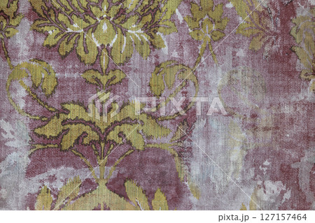 Vintage Floral Fabric Wallpaper with Gold and Purple Damask Pattern Texture 127157464