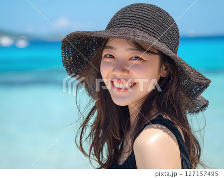 ビーチで麦わら帽子をかぶり笑顔を見せる日本人女性の夏姿 127157495