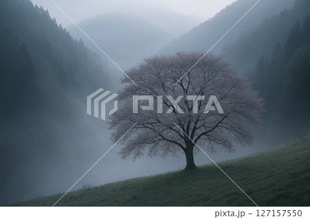 山間の桜と霧 127157550
