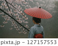 桜と赤い番傘 127157553