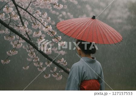 桜と赤い番傘 127157553
