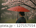 桜と赤い番傘 127157554