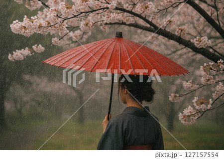 桜と赤い番傘 127157554