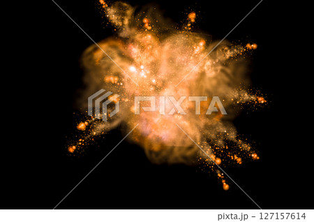 Bright orange explosion with glowing particles spark trails and smoke burst for fire overlay effect action movie or game destruction visuals 127157614