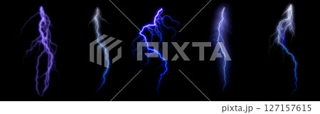 Set of five isolated electric lightning bolts in purple and blue colors on black background for energy design effect storm or sci fi visuals Set of five isolated electric lightning bolts in purple and blue colors on black background for energy design effect storm or sci fi visuals 127157615
