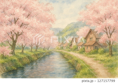 川沿いの満開桜 127157799