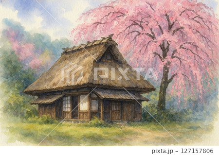 古民家と枝垂れ桜 127157806