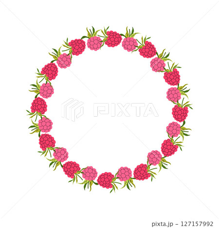 Summer berry wreath with raspberry and foliage. Summer frame of pink berries and leaves. Decoration element for cards and seasonal decor, menu, recipe. Vector flat illustration. 127157992