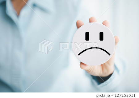 Concept good business includes handling both compliments complaints from customers ensuring employee satisfaction addressing negative feedback to prevent mental strain customer dislike with sad face Concept good business includes handling both compliments complaints from customers ensuring employee satisfaction addressing negative feedback to prevent mental strain customer dislike with sad face 127158011