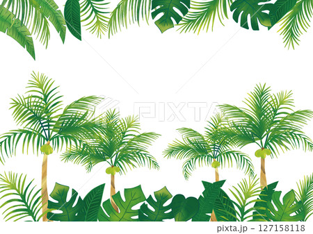 水彩風　トロピカル熱帯植物の飾りとやしの木セットフレーム 127158118