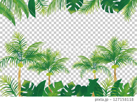 水彩風　トロピカル熱帯植物の飾りとやしの木セットフレーム 127158118