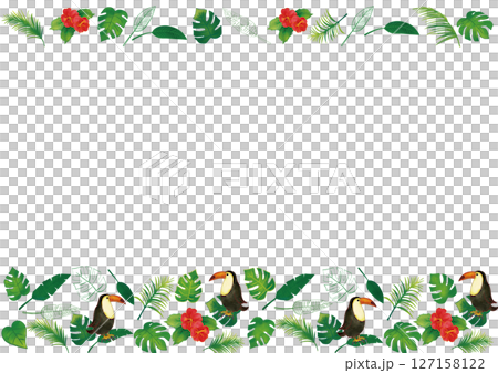 水彩風 オオハシとトロピカル熱帯植物のセット飾りフレーム1 水彩風 オオハシとトロピカル熱帯植物のセット飾りフレーム1 127158122