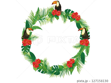 水彩風　オオハシとトロピカル熱帯植物の飾りセット リースフレーム 127158130