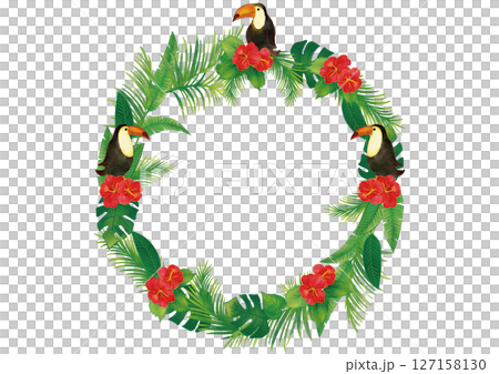 水彩風　オオハシとトロピカル熱帯植物の飾りセット リースフレーム 127158130