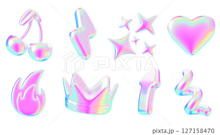 Y2k holographic shapes set. Rainbow heart, fire, crown, cherry, thunderbolt, arrow, spiral line and stars with vibrant neon gradient texture. Retro futuristic graphic design elements. 3D illustration 127158470