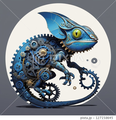 【グッズデザイン向け】レトロフューチャー風ギアカメレオンデザイン 127158645