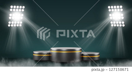 Award podium illuminated by spotlights on soccer stadium green 3d background. Black gold round pedestal for first, second and third place of championship winner, empty sport platform. 3D illustration Award podium illuminated by spotlights on soccer stadium green 3d background. Black gold round pedestal for first, second and third place of championship winner, empty sport platform. 3D illustration 127158671