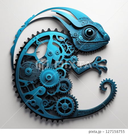 【グッズデザイン向け】歯車と時計で構築されたSFカメレオン 127158755