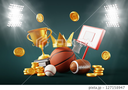 Sports betting 3d background. Bet and win in bookmaker office. Stadium with spotlights, american football, baseball and basketball ball, backboard, championship cup, gold crown, coins. 3D illustration Sports betting 3d background. Bet and win in bookmaker office. Stadium with spotlights, american football, baseball and basketball ball, backboard, championship cup, gold crown, coins. 3D illustration 127158947