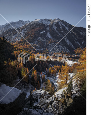 Snow dusted peaks of the italian alps rising above a vibrant larch forest in the aosta valley during autumn's transition to winter Cascate di Lillaz 127159021