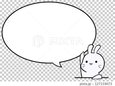 A white rabbit pointing up with a speech bubble background 127159073