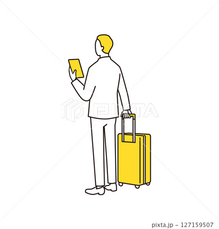 スーツケースを持ってスマホを見ているビジネスマンの後ろ姿 127159507