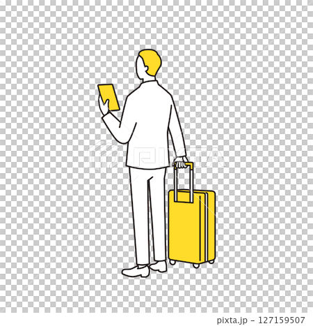 スーツケースを持ってスマホを見ているビジネスマンの後ろ姿 127159507