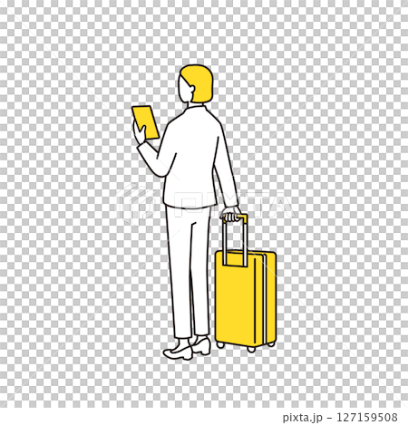 スーツケースを持ってスマホを見ているビジネスパーソンの後ろ姿 スーツケースを持ってスマホを見ているビジネスパーソンの後ろ姿 127159508