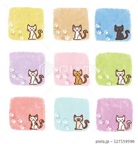 猫と手描き風のフレーム素材セット、手描き風、ベクター、イラスト 127159596