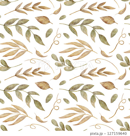 Seamless pattern autumn yellow, green leaves, branches. Watercolor illustration hand drawn in stylized style print isolated on background for design textiles fabrics, packaging, baby clothes, postcard Seamless pattern autumn yellow, green leaves, branches. Watercolor illustration hand drawn in stylized style print isolated on background for design textiles fabrics, packaging, baby clothes, postcard 127159640