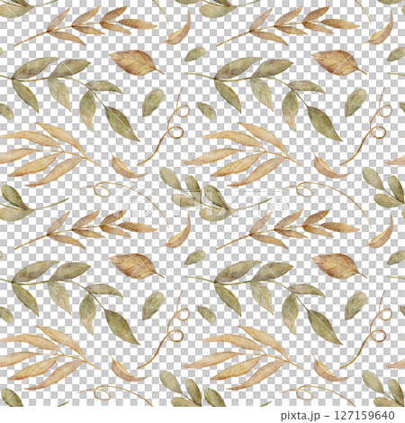 Seamless pattern autumn yellow, green leaves, branches. Watercolor illustration hand drawn in stylized style print isolated on background for design textiles fabrics, packaging, baby clothes, postcard Seamless pattern autumn yellow, green leaves, branches. Watercolor illustration hand drawn in stylized style print isolated on background for design textiles fabrics, packaging, baby clothes, postcard 127159640
