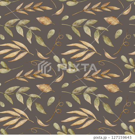 Pattern watercolor illustration forest leaves, branches falling in autumn, hand drawn yellow green. Seamless print on brown background for textile design, fabric, packaging, baby clothes, postcard Pattern watercolor illustration forest leaves, branches falling in autumn, hand drawn yellow green. Seamless print on brown background for textile design, fabric, packaging, baby clothes, postcard 127159643