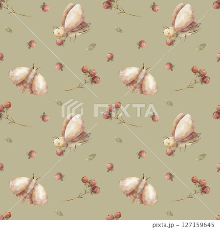 Pattern watercolor illustration moth, butterfly, berries lingonberry, leaves hand drawn in children's style. Seamless print on green background textile design fabric, packaging, baby clothes, postcard 127159645