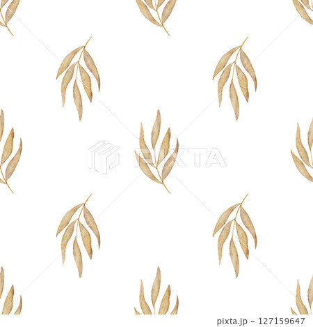 Pattern dry beige leaves, branch, foliage. Watercolor illustration hand drawn in boho style. Seamless simple print on isolated background for design textiles, fabrics, packaging, clothes, postcard Pattern dry beige leaves, branch, foliage. Watercolor illustration hand drawn in boho style. Seamless simple print on isolated background for design textiles, fabrics, packaging, clothes, postcard 127159647