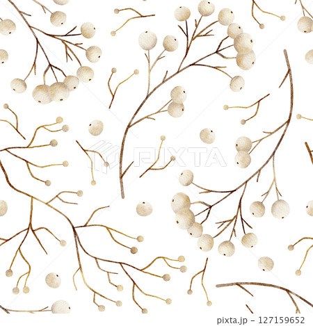 Pattern watercolor illustration dry snowberry, white berries, beige golden twig, hand drawn. Seamless print in vintage on isolated background for textile design, fabric, packaging, clothes, postcard 127159652