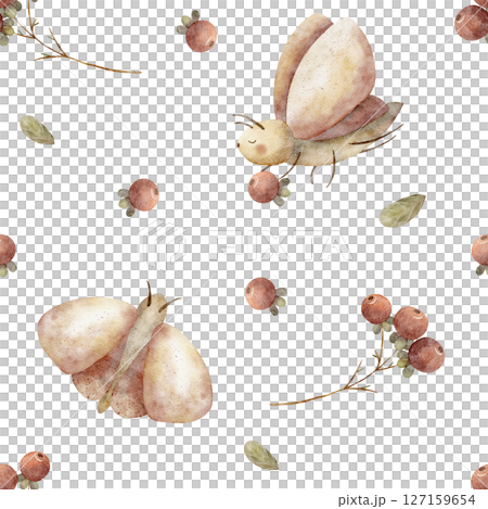 Pattern watercolor illustration moth, butterfly, berries, leaves. Autumn print hand drawn in children's style. Seamless on white background for textile design fabric, packaging, baby clothes, postcard 127159654