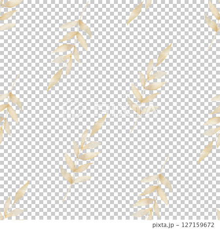 Pattern watercolor illustration dry beige leaves, golden branch, light foliage, hand drawn. Seamless print in vintage style on white background for textile design, fabric, packaging, clothes, postcard 127159672