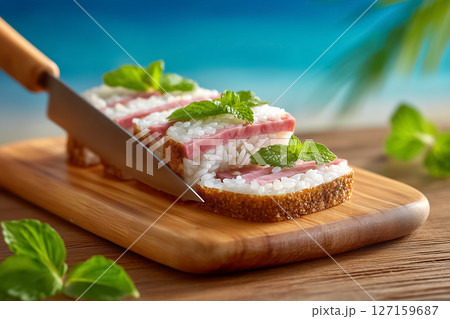 Hawaiian spam musubi sushi roll is being sliced on a wooden board against a vibrant tropical setting with surfboards and water in the background Hawaiian spam musubi sushi roll is being sliced on a wooden board against a vibrant tropical setting with surfboards and water in the background 127159687