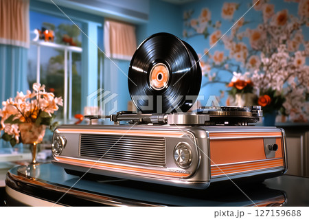 Record player spinning vinyl in retro styled room with elegant floral wallpaper and soft lighting. Cozy atmosphere enhances nostalgic vibes. Concept of music, vintage decor, home entertainment 127159688