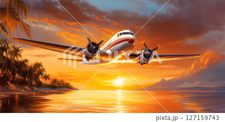 Vintage airplane flies high above tranquil waters during sunset. Bright orange and purple skies create a magical backdrop. Concept of travel, aviation, adventure 127159743