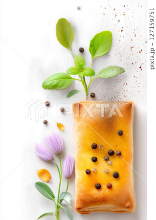 Minimalist composition featuring savory pastry garnished with herbs and spices. Bright white background accentuates fresh ingredients. Concept of culinary arts, gourmet cooking, food presentation Minimalist composition featuring savory pastry garnished with herbs and spices. Bright white background accentuates fresh ingredients. Concept of culinary arts, gourmet cooking, food presentation 127159751