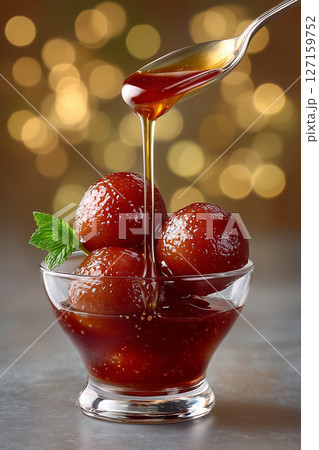 Gulab jamun soaked in warm rose syrup cascades over glossy spheres in a glass bowl. Soft bokeh background enhances sweetness of this traditional Pakistani dessert 127159752