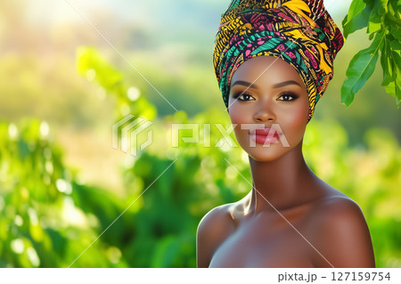 Woman standing in lush green garden with vibrant headwrap. Warm sunlight enhances her natural beauty in a serene outdoor setting. Concept of beauty, fashion, wellness 127159754