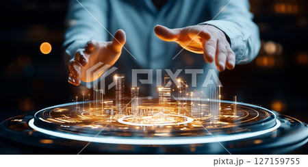 Hands reaching out toward a holographic urban model showcasing a vibrant cityscape. Dark background emphasizes modern technology and innovation. Concept of city planning, architecture, design Hands reaching out toward a holographic urban model showcasing a vibrant cityscape. Dark background emphasizes modern technology and innovation. Concept of city planning, architecture, design 127159755