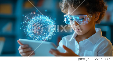 Child interacts with digital hologram while using tablet and wearing augmented reality glasses. Cozy room filled with books provides a supportive learning environment Child interacts with digital hologram while using tablet and wearing augmented reality glasses. Cozy room filled with books provides a supportive learning environment 127159757