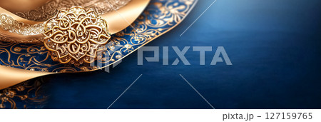 Golden decorative ornament resting on elegant blue plate with detailed patterns. Luxurious setting for festive gatherings, fine dining, or cultural celebrations 127159765