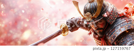 Samurai warrior wielding katana with fierce expression amidst swirling cherry blossom petals. Traditional armor shines in this vibrant setting, evoking themes of honor, bravery, and Japanese culture 127159767