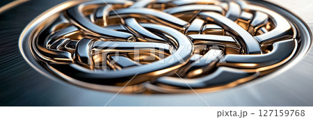Detailed metallic knot design showcases intertwined silver and gold textures. Bright reflective surface enhances beauty. Concept of craftsmanship, art, luxury 127159768
