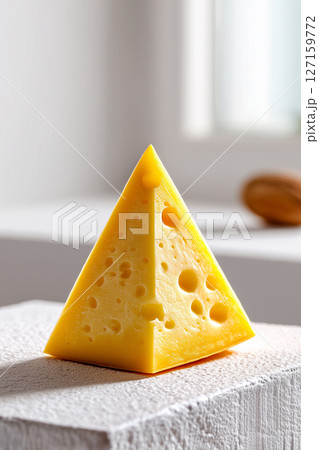 Triangular wedge of strong-smelling cheese placed on minimalistic white surface. Bright, inviting setting enhances natural color and texture. Concept of culinary arts, gourmet food, dairy products 127159772